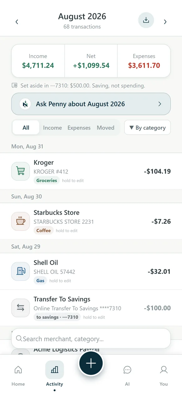 August activity: income, expenses, and $500 set aside in savings, not counted as spending.