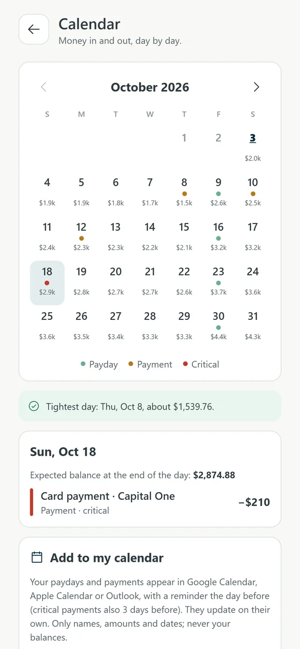October calendar with paydays, payments, a critical card payment and the expected balance for each day.