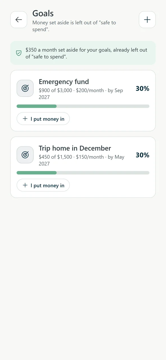 Two goals: emergency fund and a trip home in December, 30% each.