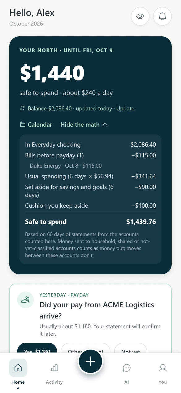 The math behind $1,439.76: balance, bills before payday, usual spending, savings and cushion.